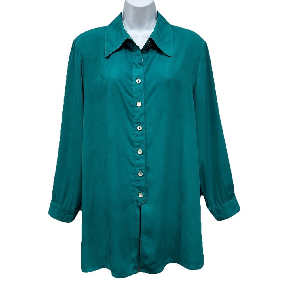 Dressbarn Button Front Blouse Long Women's 1X  Teal Long Sleeves Shoulder Pads